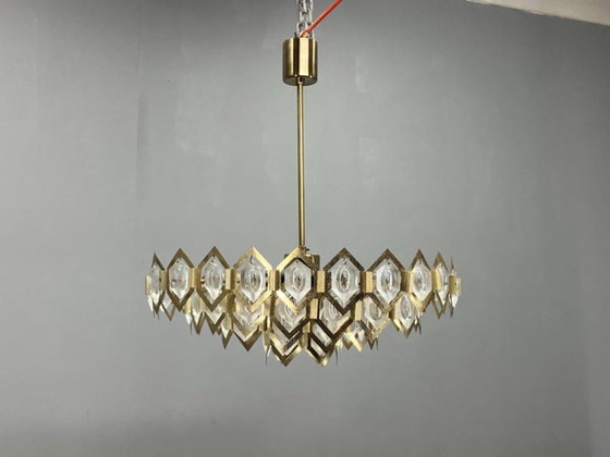 Image 1 of Kronleuchter aus facettiertem Glas, Messing, Jaroslav Bejvl Kamenický Šenov, 1960er Jahre, Tschechoslowakei