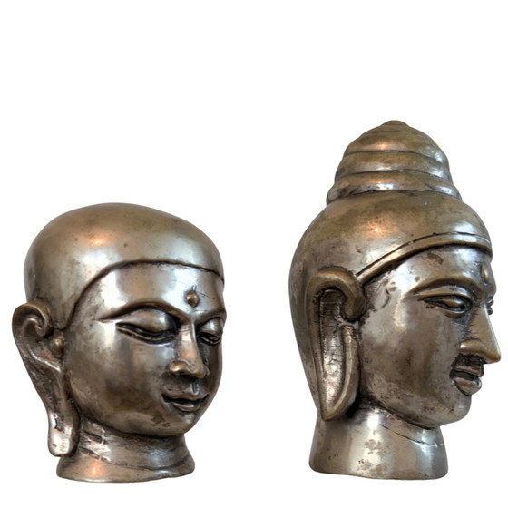 Set of 2 Bronze Heads – Buddha & Monk – Hand-cast Asian Bronze – Sculpture, Aziatisch (photo 3 of 9)