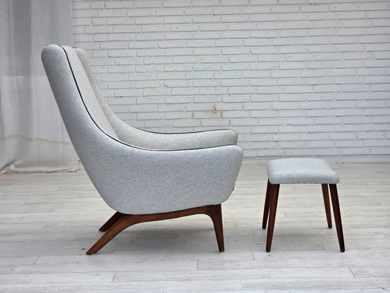 Image 1 of 1960er Jahre, dänisches Design von Illum Wikkelsø, Modell ML 140, Hocker, neu gepolstert.