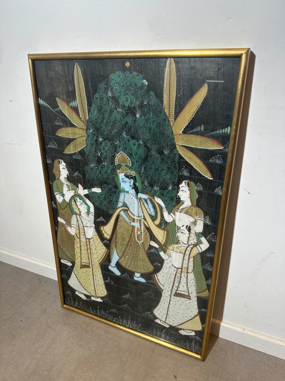 Pintura antigua india de Krishna sobre seda, enmarcada en dorado. – Pinturas y dibujos (photo 3 of 4)