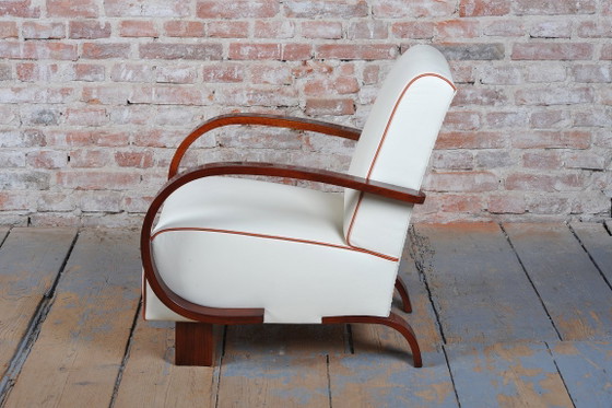 Gerestaureerde art-deco fauteuil, walnoothout, leer, gerestaureerde Poolse afwerking, Tsjechisch, jaren 1930 (photo 7 of 12)