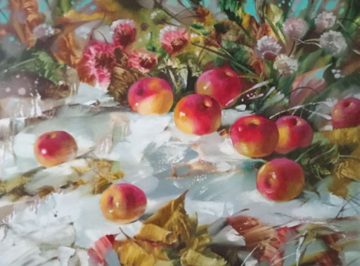 Original Oil Painting Abstract Expressionism Fruit Still Life Apples in the Snow – schilderijen tekeningen, Canvas
