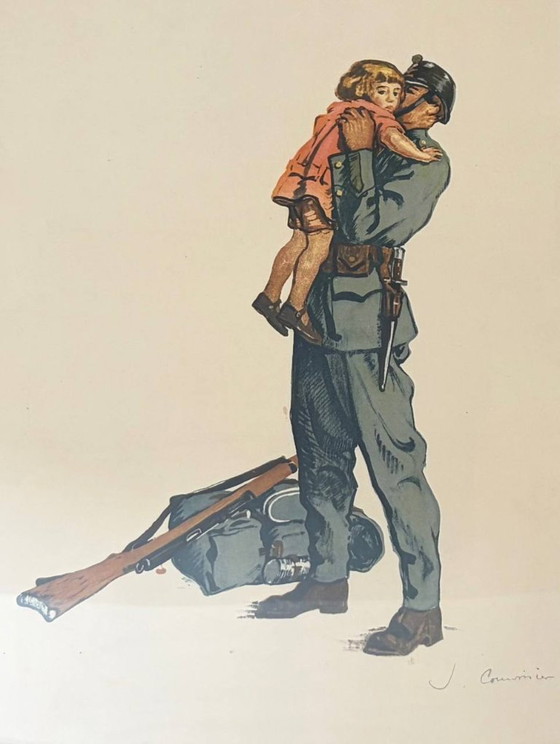 Image 1 of Illustrazione storica di un soldato con un bambino, donazione nazionale svizzera, successiva al 1918.