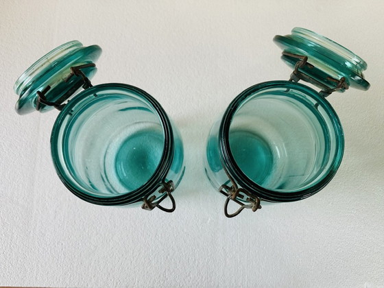 Image 1 of Pots en verre turquoise de Solidex, 1940s, ensemble de deux.