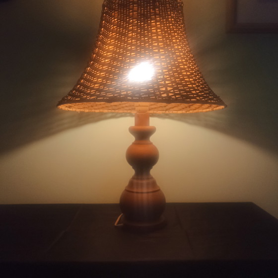 Image 1 of Vintage Mid-Century Table Lamp - Solid Beech & Rattan - 60cm