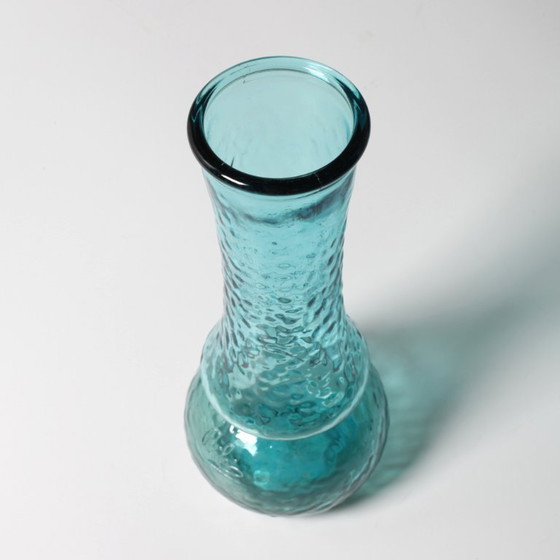Image 1 of Turquoise Stylish Glass Flower Vase / Bibi Teal Hammered Textured Glass Vase / Italy / 1980s