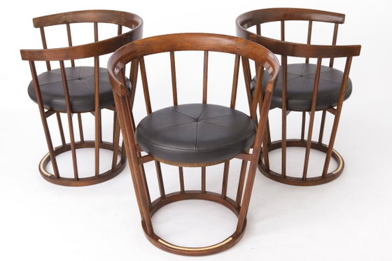 Set van 4 vintage fauteuils in tonvorm, jaren 70, Duitse beukenhouten eetkamerstoelen, zwart kunstleer, (photo 3 of 12)
