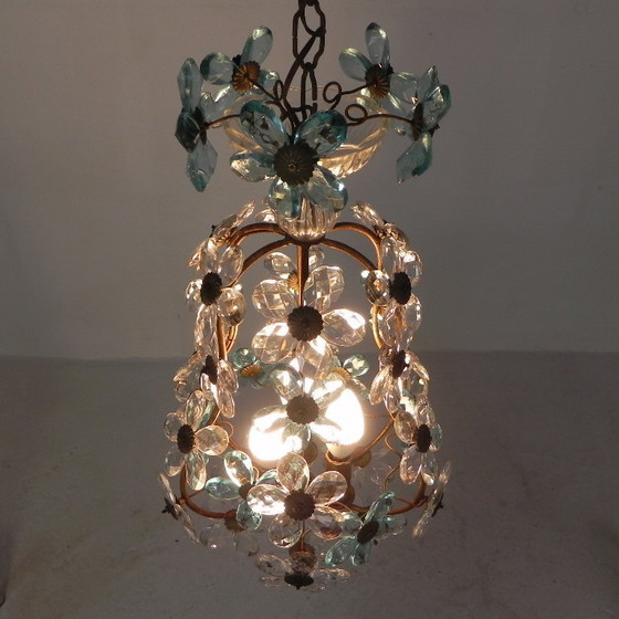 Image 1 of Hanglamp versierd met 42 bloemen in blauw en helder kristal, Maison Bagues stijl, jaren 30