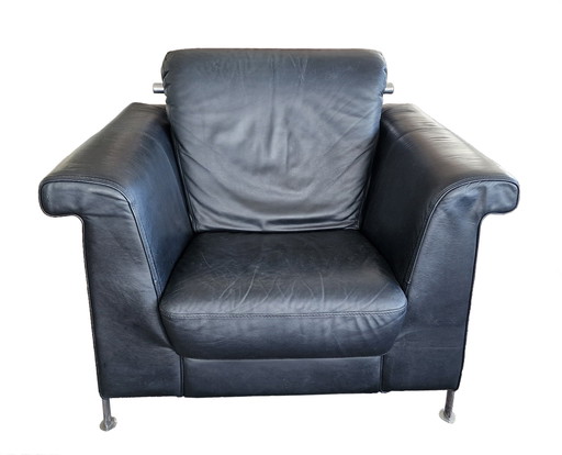 Large Modern Italian Armchairs of Black Leather and Chrome