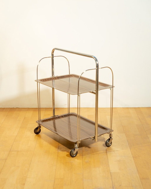 Chariot de service pliant vintage Raquer – Bois foncé, années 1960