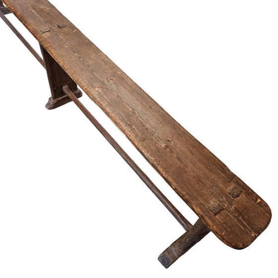 Image 1 of Antiek Frans houten bistrobank 224 cm lang, circa 1850