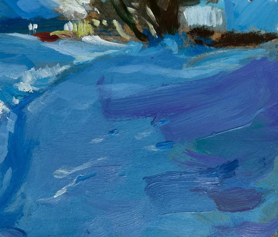Image 1 of Origineel olieverfschilderij: Winterdorplandschap met een pad door de sneeuw.