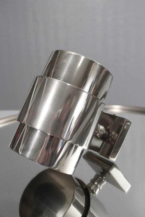 Image 1 of Vintage modernistische Art Deco spiegel en wandlampen, vernikkeld staal, jaren 1950