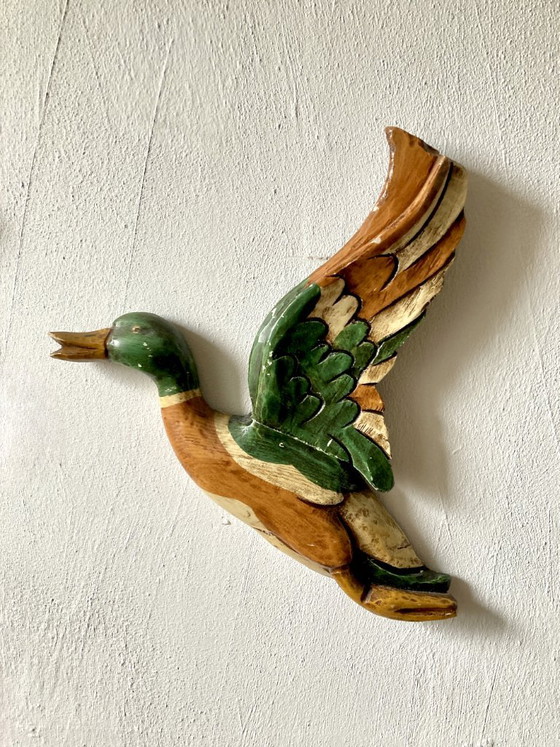 Trio di anatre germano reale in legno intagliato e dipinto, Decorazione murale, Decorazioni murali, Verde (foto 11 di 19)