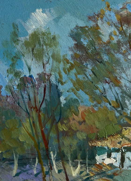 Image 1 of Origineel olieverfschilderij: Landschap bij een zomerhuisje in de schaduw van de bomen