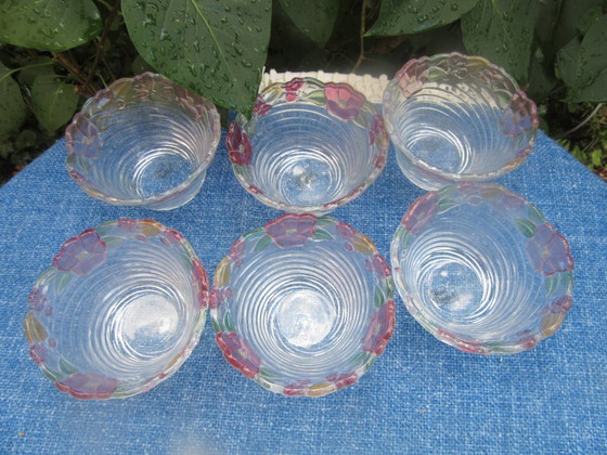 Image 1 of Ensemble de 6 petits bols japonais peints à la main, style soga, motif floral Mid-Century Modern.