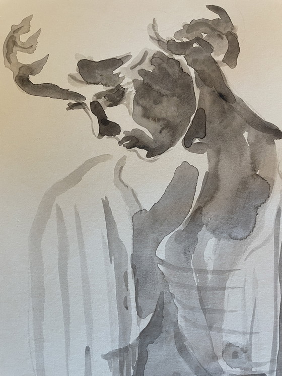 Image 1 of Aquarell Sepia Porträt Frau "Schattenspiel"