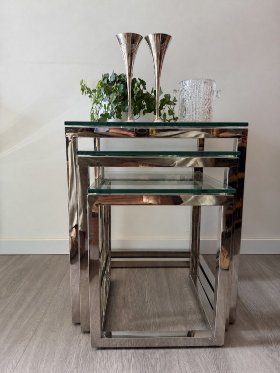 Mid Century Modern Mimi Set Cromo Vetro Tavolini – Chrome, Glass (photo 3 of 8)