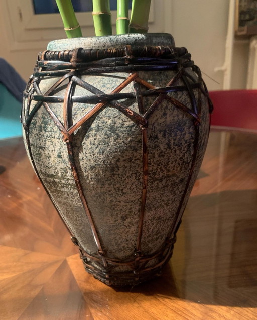 Antique Japanese Stoneware and Braided Bamboo Vase - Wabi-Sabi / Mingei Style