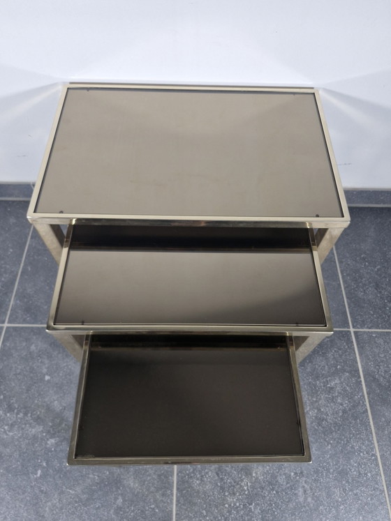 Set van 3 vintage nesttafels, Hollywood Regency-stijl, Belgochrom, Bijzettafels, Chroom, Gold (foto 6 van 12)