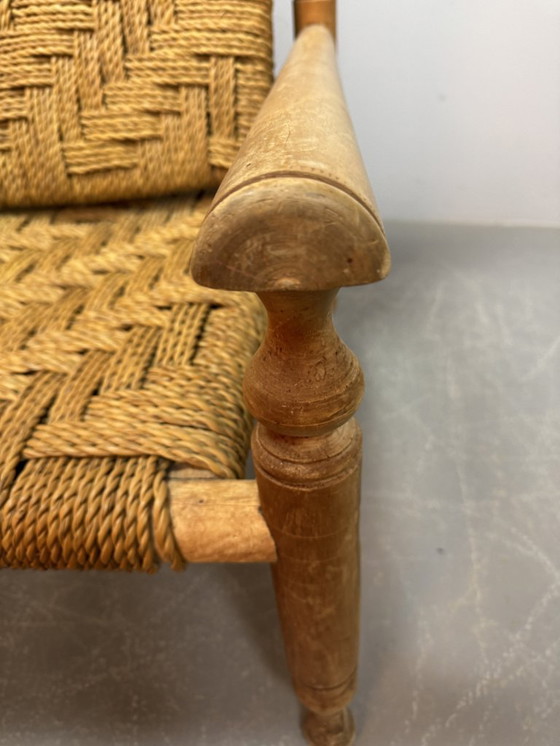 Image 1 of Charlotte Perriand Style Beech Wood Easy Chair with Sisal Rope Wickerwork, 1960s.