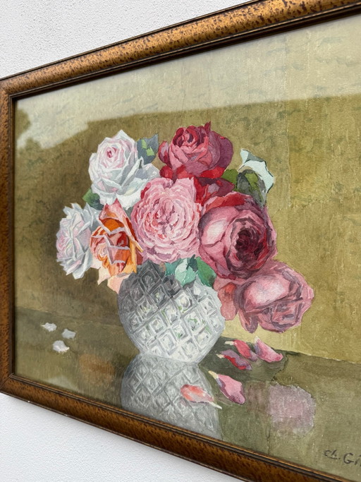 Oude aquarel stilleven met rozen