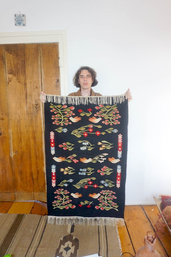 Image 1 of Vintage Oltenian Handwoven Bessarabian Kilim Rug with Birds, Tulips, and Flowers - Romanian Floral Woolen Wall Tapestry