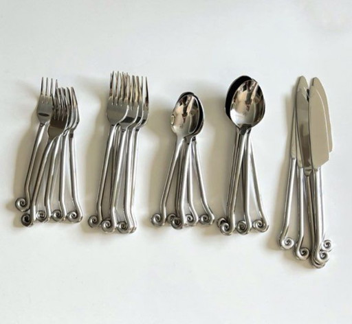 Set of 5 stainless steel flatware - organic swirls/spirals - original vintage dinner service