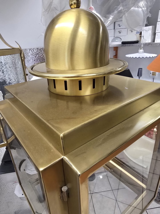 Image 1 of Lampadario Lanterna Vintage in Ottone e Vetro - Design Anni '70/'80