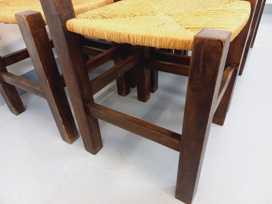 Image 1 of Set of 6 vintage brutalist chairs in solid oak and straw from the 60s