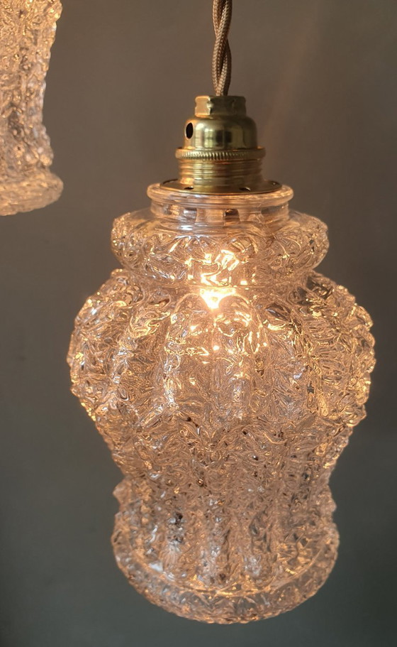 Image 1 of Set Van Twee Vintage Hanglampen Van Dik, Getextureerd Glas