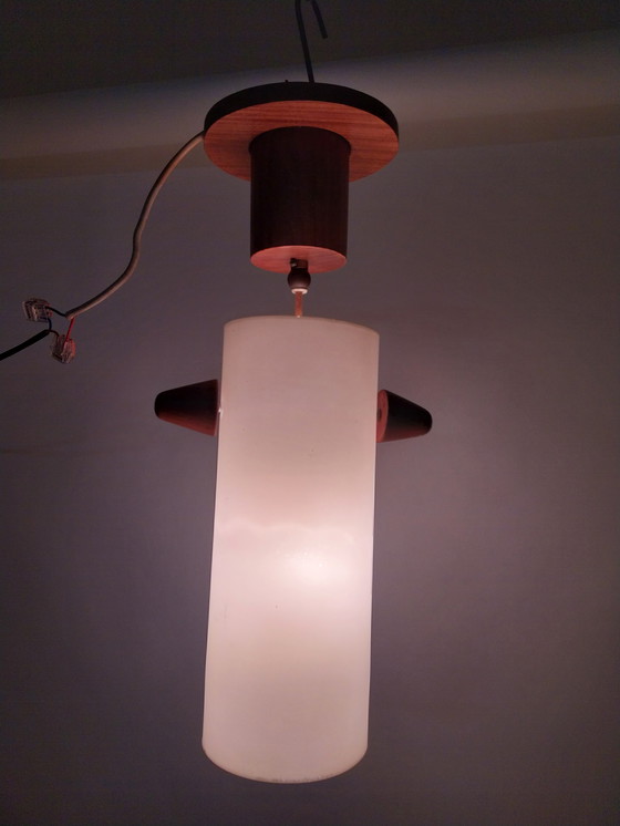 Image 1 of 1 x glas en teak hanglamp in Scandinavische stijl 1960's