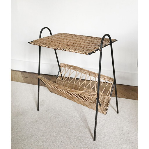 Table d'appoint vintage en osier et métal, France 1950