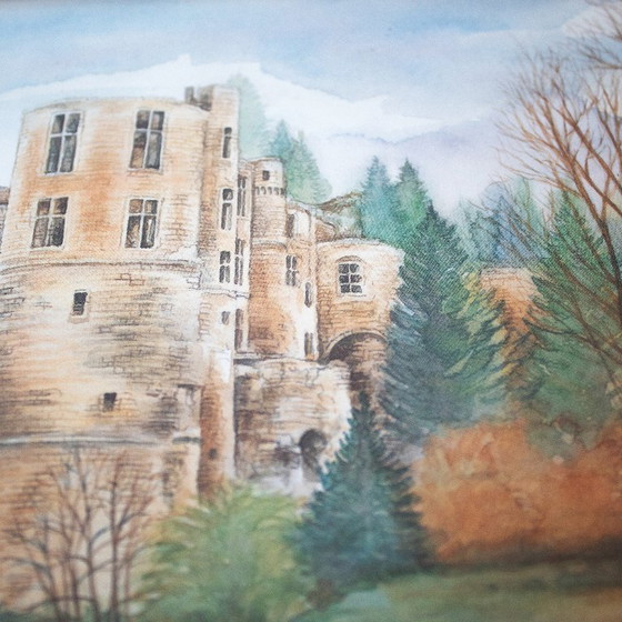 Image 1 of Aquarelprint van kasteel Beaufort Luxemburg, door Bernadette Voz, ingelijst