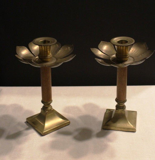 2 Art Nouveau candle holders in the shape of a blossoming flower