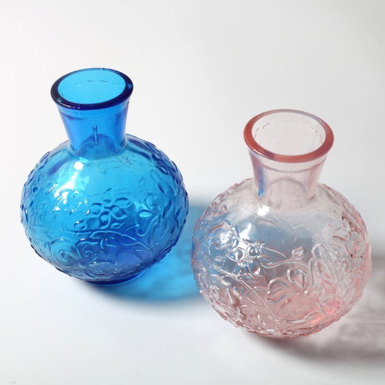 Image 1 of Set of 2 Vintage Pressed Glass Vases, Blue & Pink Floral Set, Italy 1960s
