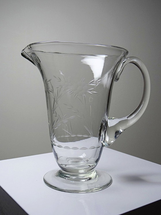 Image 1 of Antique wheel-engraved glass pitcher with vegetal decoration, Bohemia, early 20th century