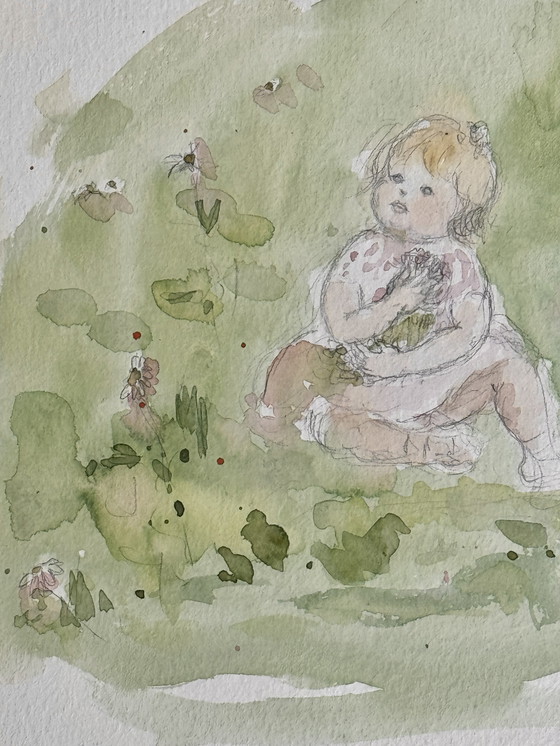 Image 1 of Marie Louise Ogier - Magnifico acquerello "due bambini che raccolgono fiori" circa 1980