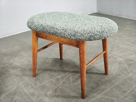 Pair of Mid-Century Modern Oak Stools, Newly Upholstered, 1960s, Textile, Wood, Green, Mid Century Modern (photo 3 of 8)