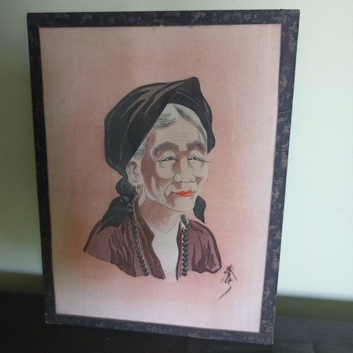 Antiek Vietnamees portret op zijde & hout (jaren 50) – Uniek mid-century