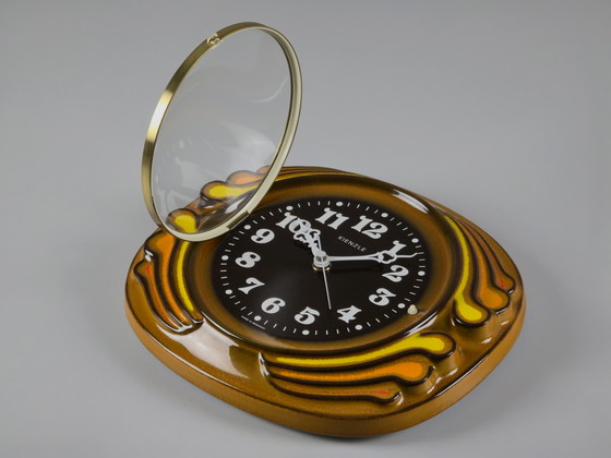 Image 1 of 1970s Vintage KIENZLE Fat-Lava Glazed Ceramic Wall Clock — West Germany Wave-Like Wall Clock.