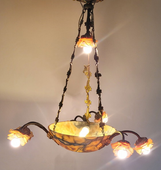 Image 1 of Art-Nouveau Chandelier Ca. 1920 - Alabaster & Glass