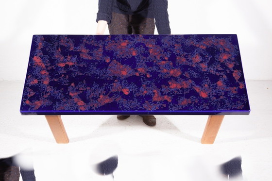 Image 1 of Rechteckiger Couchtisch mit blau-orangenen Keramikfliesen, 1970er Jahre