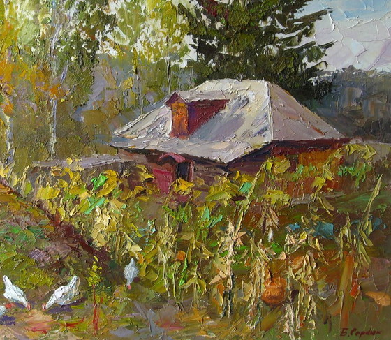 Original Ölgemälde Ländliche Landschaft Dorfhaus Sonnenblumen – Gemälde & Zeichnungen, Canvas (photo 7 of 8)