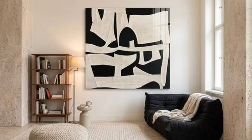 Minimalisme - Exclusief Wabi Sabi Abstract Zwart-wit op 5 mm acrylglas 95 cm x 95 cm – giclee prints, Plexiglass