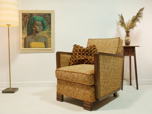 Vintage fauteuil uit de jaren 50, originele mid-century modern stijl, houten armleuningen, vering, bloemenstof, Duitsland