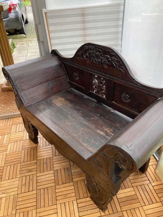 Panca in legno con intaglio in legno marrone scuro, Panche, Klassiek (foto 5 di 5)