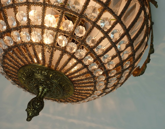 Image 1 of grande lampada da soffitto glamour anni '60 cristalli di vetro bronzo stile hollywood regency anni '60-'70