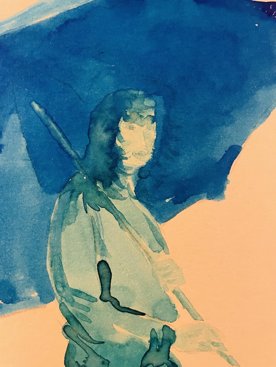 Image 1 of Gesigneerd schilderij blauw aquarel vrouwenportret "weekend in Honfleur".