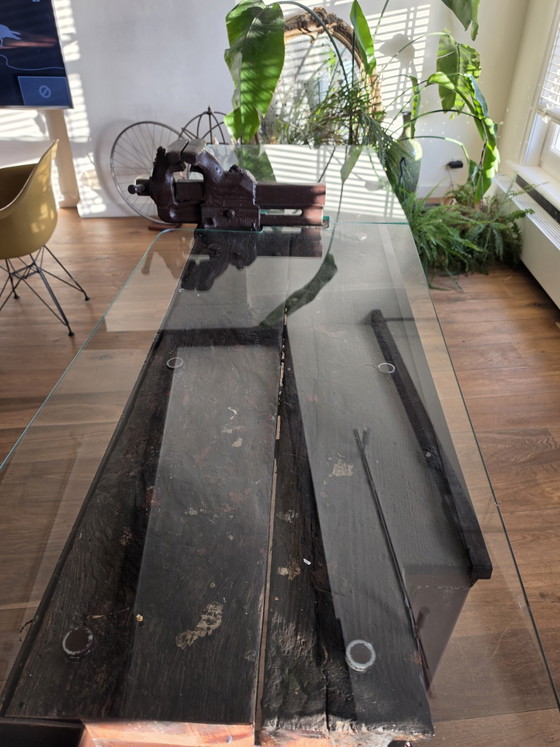 Image 1 of Authentic industrial workbench / dining table with original vise – approx. 100+ years old